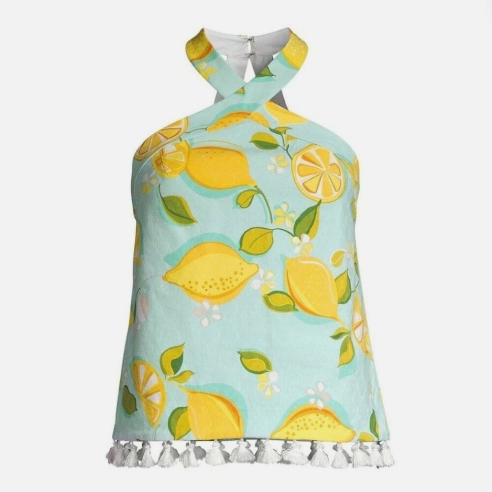 Trina Turk Cedar Lemon Print Crossover Halter Top w/ Tassel Hem Sz 6